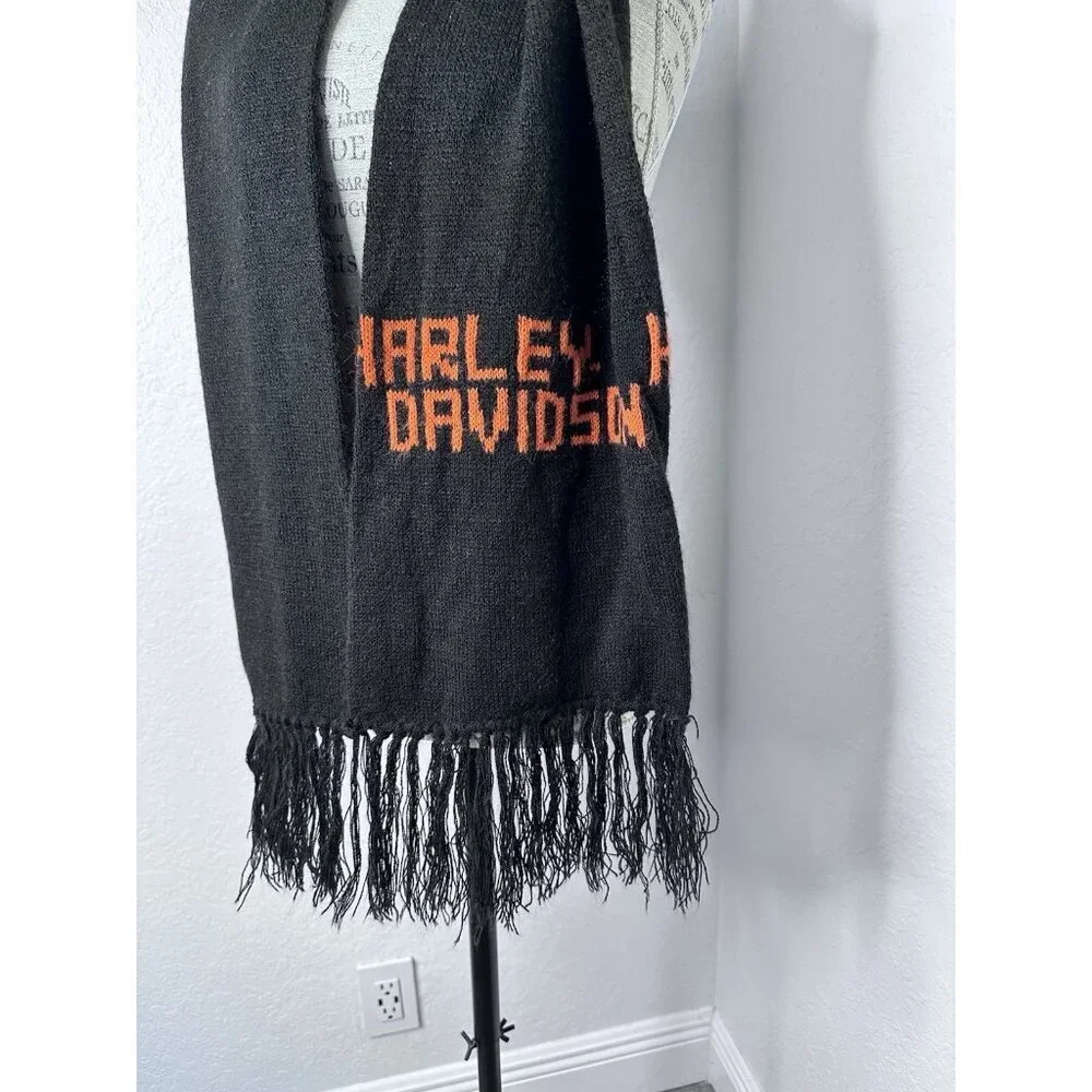 Vintage Harley-Davidson Wool Knit Scarf‎ Fringed Biker Black 60x8 inches